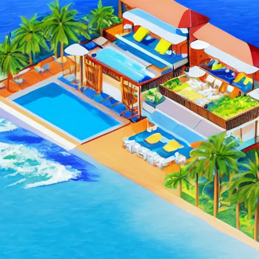 Prompt: an isometric painting of a beautiful interior design, beach, resort,