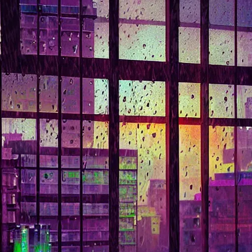 Prompt: A sad, melancholy cyberpunk city as seen through a rainy window, colorful, beautiful, striking, digital art