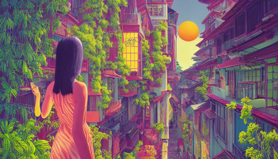 Prompt: a vibrant dream of nostalgic psychedelic hallucination of a girl from behind on a balcony looking over a street in kyoto japan, lush plants and lanterns, a beautiful woman wearing a gucci dress, high fashion, by moebius, edward hopper and james gilleard, zdzislaw beksinski, james jean, steven outram hd, 8 k, artstation