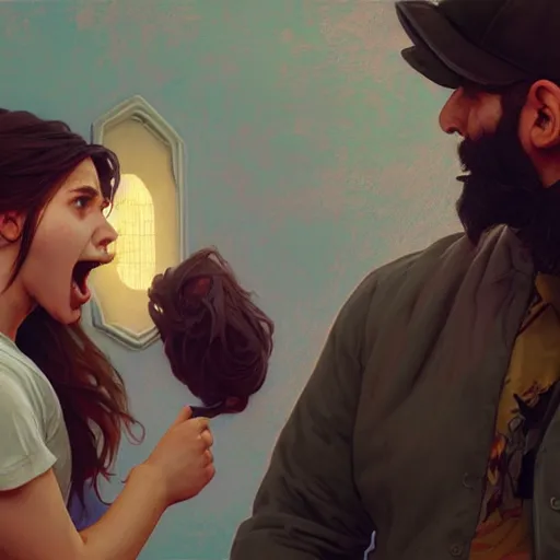 Image similar to bearded man is yelling at a teenage girl, highly detailed, professional digital painting, unreal engine 5, photorealism, hd quality, 8 k resolution, cinema 4 d, 3 d, cinematic, art by artgerm and greg rutkowski and alphonse mucha and loish and wlop