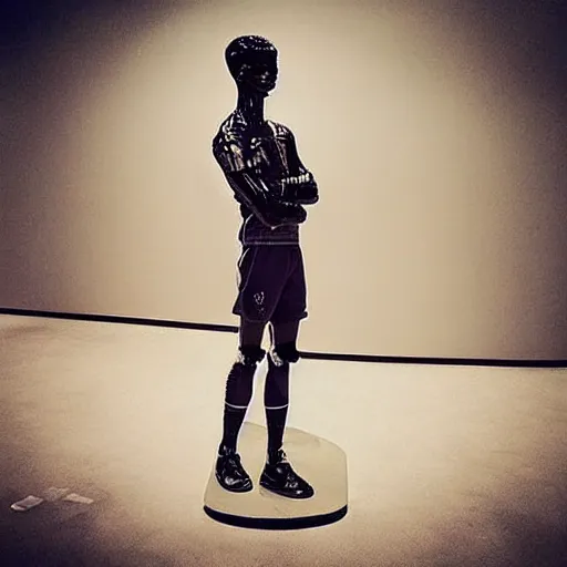 Image similar to “ a realistic detailed photo of a guy who is an attractive humanoid who is half robot and half humanoid, who is a male android, soccer player antoine griezmann, shiny skin, posing like a statue, blank stare, at the museum, on display ”