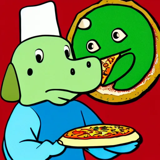 Image similar to cute platypus wearing a chef hat and holding a pizza with three basil leaves over the lasagna