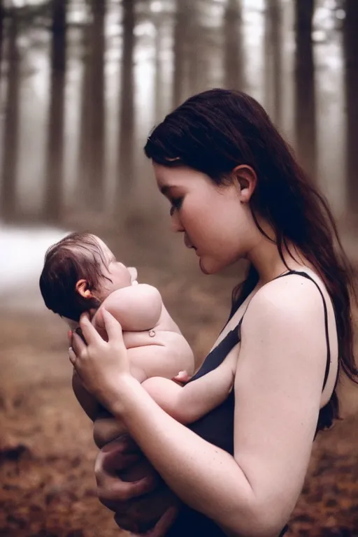 Image similar to a cinematic photo of a young woman with dark hair holds a baby in a dark, foggy forest, closeup, masterpiece