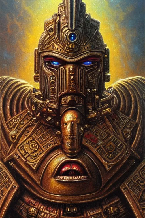 Prompt: full - length portrait of horus lupercal - warhammer 4 0 k, 3 5 mm, close - up, a hyperrealistic acrylic portrait painting, beksinski and thomas kinkade. intricate details. believable eyes. head and shoulders. front on, symmetrical. epic fantasy art.