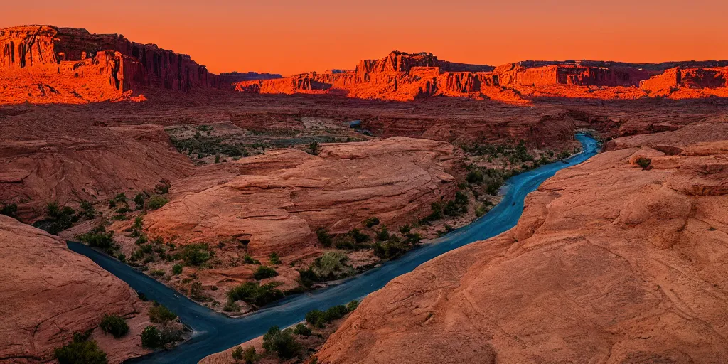 Prompt: “a dried river bend through a canyon surrounded by desert mountains at sunset, moab, utah, a tilt shift photo by Frederic Church, trending on unsplash, hudson river school, photo taken with provia, national geographic photo”