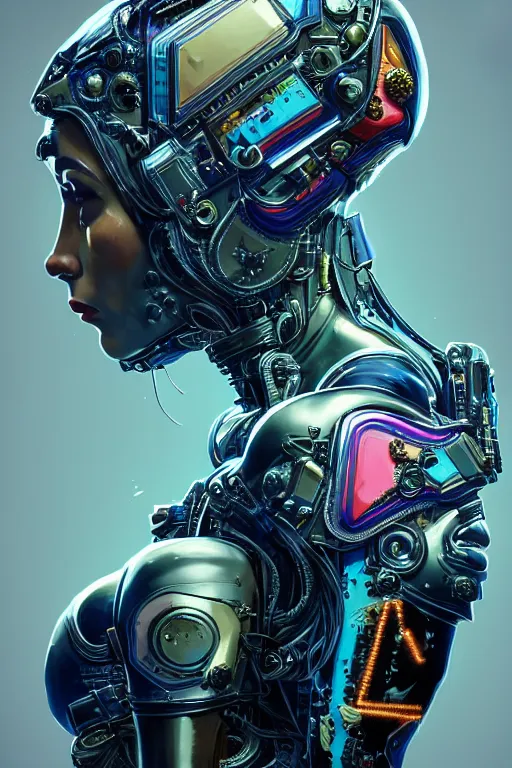 Prompt: vibrant ultraclear sideview waist up portrait of beautiful cyborg woman by sandra chevrier laurie greasley gustave dore ron english, cybernetics, low contrast, cinematic dramatic lighting, hyper realistic detailed intricate render, hypermaximalist, ornate, epic composition, 4 k 8 k, cryengine octane, sharp focus, concept art, masterpiece