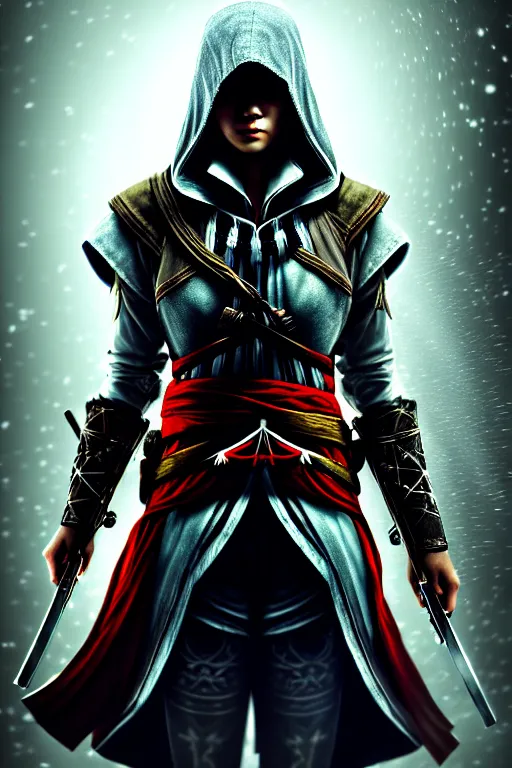 Prompt: unknown Assassin's Creed: Japan female character portrait, clothed in hooded assassins armour, feudal Japanese environment, atmospheric lighting, painted, intricate, volumetric lighting, beautiful, golden hour, sharp focus, ultra detailed, by Leesha Hannigan, Ross Tran, Thierry Doizon, Kai Carpenter, Ignacio Fernández Ríos