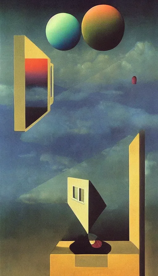 Image similar to mysterious paranoia, maddening knowledge, forbidden information, strange weirdness, rainbow 3 d colors, venetian victorian atmosphere by rene magritte and salvadore dali