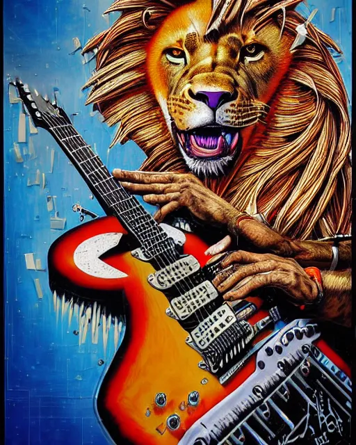 Prompt: a portrait of an anthropomorphic cyberpunk lion shredding an electric guitar as the guitar melts by sandra chevrier, by jon foster, detailed render, tape deck, epic composition, cybernetics, 4 k realistic, cryengine, realistic shaded lighting, sharp focus, masterpiece, by enki bilal