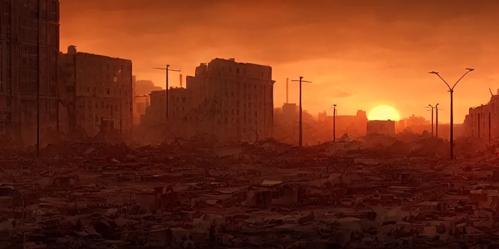 Image similar to a film still landscape by roger deakins - a destroyed city, 3 5 mm lens, early morning, dramatic lighting, cinematography, sunset red and orange, cinematic, global illumination, highly detailed, photorealistic