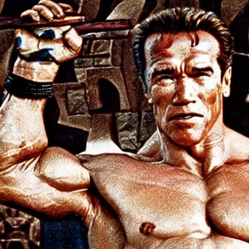 Prompt: ancient greek mosaic of arnold schwarzenegger in zelda movie