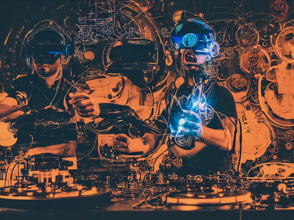 Image similar to a person wearing goggles and visor and headphones using a steampunk record player contraption, wires and tubes, turntablism dj scratching, intricate planetary gears, cinematic, imax, sharp focus, leds, bokeh, iridescent, black light, fog machine, hazy, lasers, hyper color digital art, cyberpunk