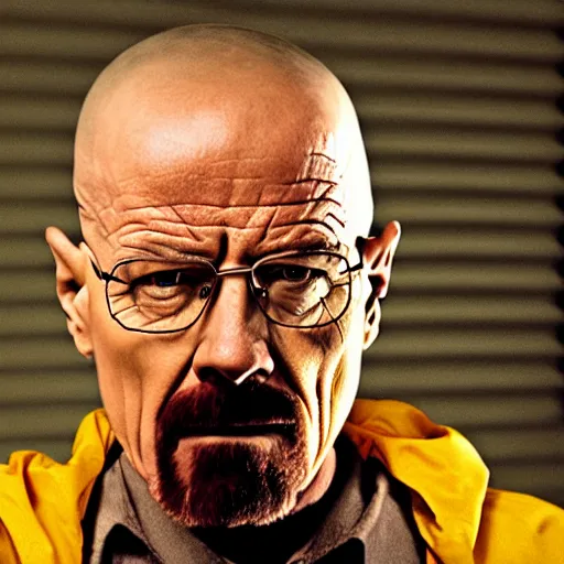 Image similar to breaking bad still frame of walter white in shock with his mouth opened, desert background, breaking bad