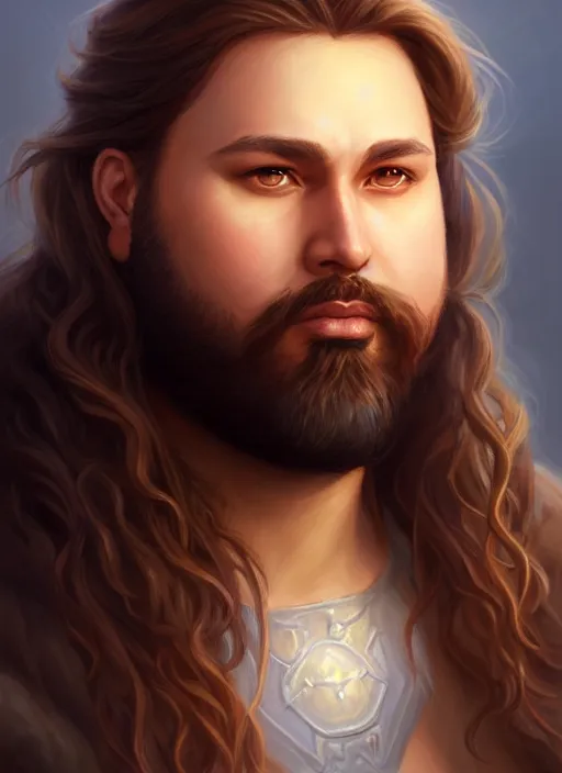 Image similar to a _ fantasy _ style _ portrait _ painting _ of light brown male paladin with long wavy brown hair chubby and beard, rpg dnd oil _ painting _ unreal _ 5 _ daz. _ rpg _ portrait _ extremely _ detailed _ artgerm _ greg _ rutkowski _ greg