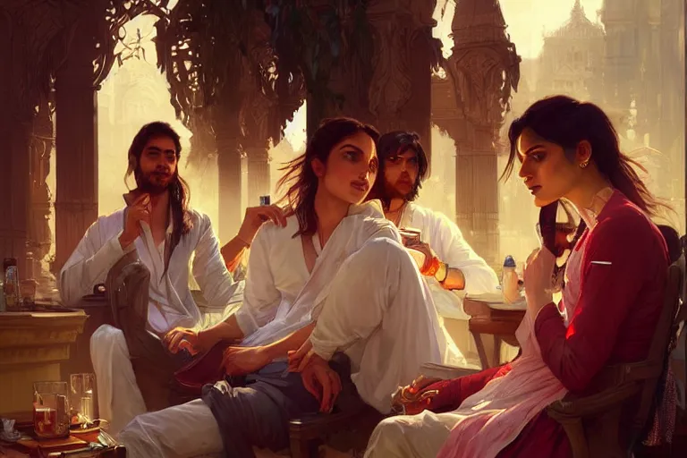 Image similar to Anxious good looking pale young Indian doctors drinking, portrait, elegant, intricate, digital painting, artstation, concept art, smooth, sharp focus, illustration, art by artgerm and greg rutkowski and alphonse mucha