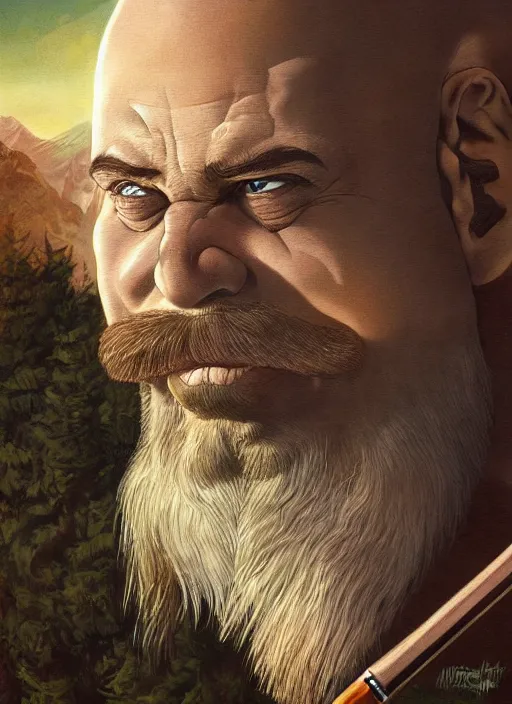 Image similar to a highly detailed symmetrical airbrush painting of a bald male dwarf with long brown beard in a mountainous landscape, morning, dynamic lighting, ambient lighting, deviantart, art by artgerm, frank frazetta and glenn fabry