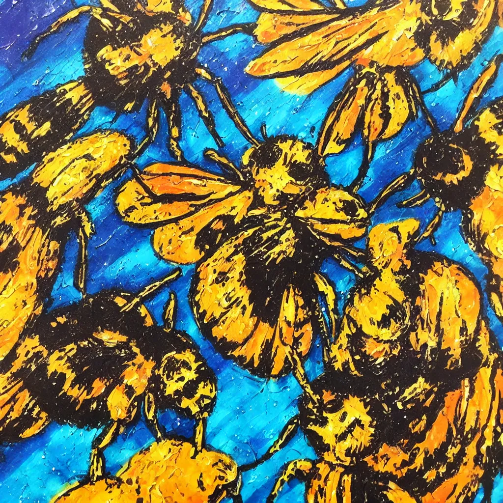 Image similar to large different coloured comic bees painted in 2 inch thick!!! impasto shiny dripping oil paint