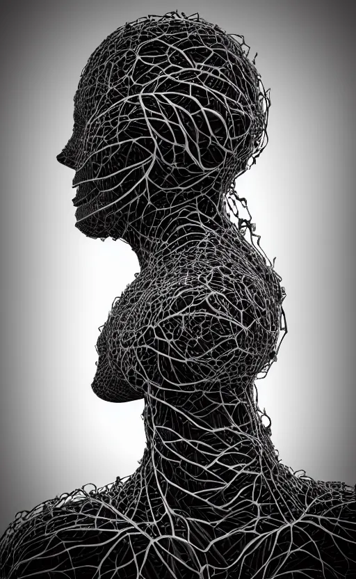 Prompt: black and white complex 3d render of a beautiful profile woman face, vegetal dragon cyborg, 150 mm, magnolia stems, roots, fine lace, maze like, mandelbot fractal, anatomical, facial muscles, cable wires, microchip, elegant, highly detailed, black metalic carbon armour, rim light, octane render, H.R. Giger style