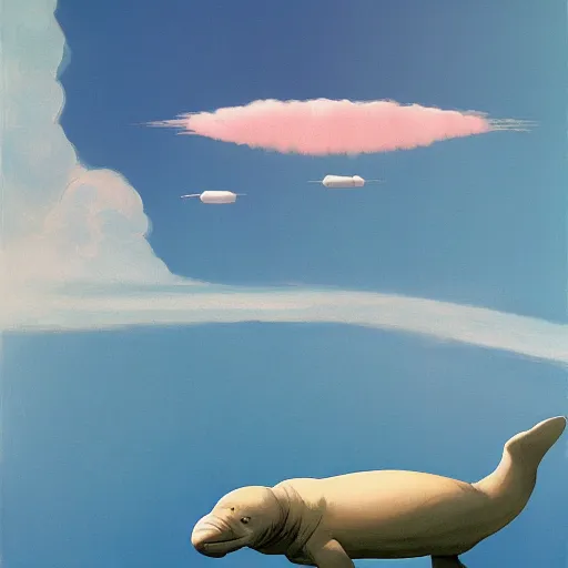 Prompt: Giant manatees fly through the air, as a tornado approaches, by Takashi Murakami, Edward Hopper, Bo Bartlett, and Cynthia Sheppard, Artstation