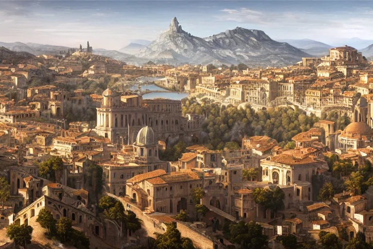 Image similar to an ultra detailed matte landscape painting of an italian renaissance capital city built on top of a large hill sweeping vista, italian renaissance architecture, ultrawide lense, aerial photography, 8 k, volumetric lighting, smooth, highly detailed, digital illustration, art by greg rutkowski and akira toriyama and artgerm