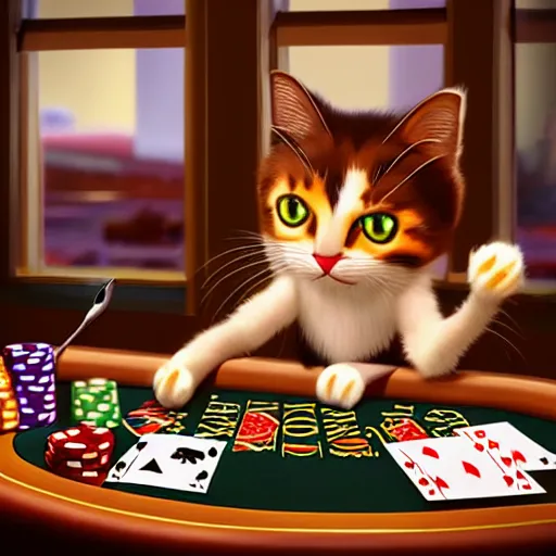 Prompt: man holding a toy cat and a spoon, sitting at a blackjack table, casino, las vegas, digital art, artstation