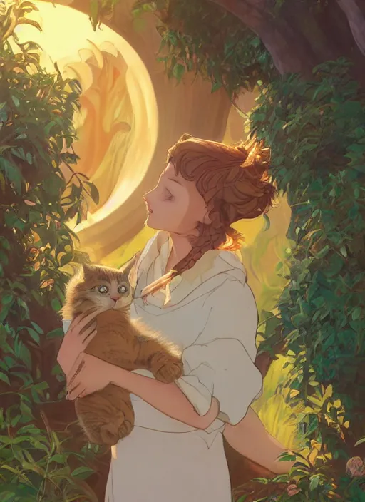 Prompt: well - lit art nouveau portrait of a 1 3 - year old girl playing with a kitten at sunset, natural lighting, path traced, highly detailed, high quality, cartoon, digital painting, by don bluth and ross tran and studio ghibli