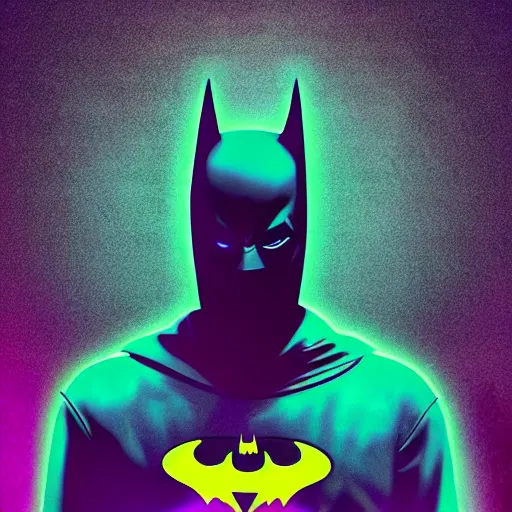 Image similar to batman in hoodie, portrait, vaporwave, synthwave, neon, vector graphics, cinematic, volumetric lighting, f 8 aperture, cinematic eastman 5 3 8 4 film