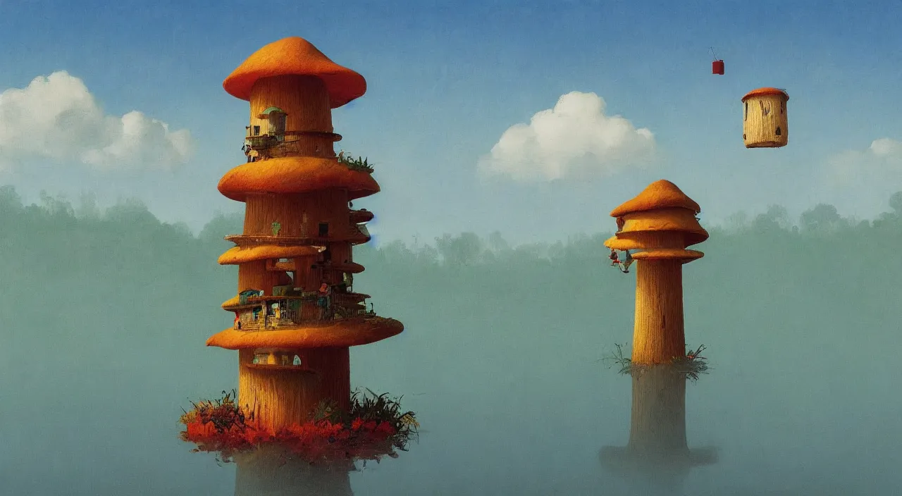 Prompt: single flooded simple mushroom wooden tower, very coherent and colorful high contrast!! masterpiece by rene magritte simon stalenhag carl spitzweg syd mead norman rockwell edward hopper james gilleard, minimalist, dark shadows, sunny day, hard lighting