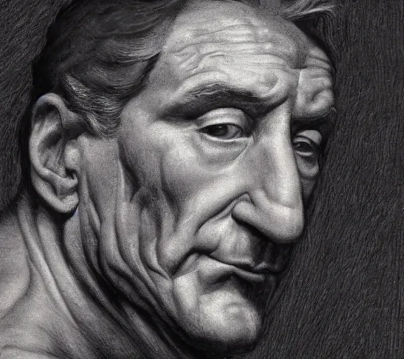 Prompt: a hyper-detailed photograph of Robert DeNiro by Michelangelo in the style of his masterpiece Creation of Man; anatomically correct; trending on artstation