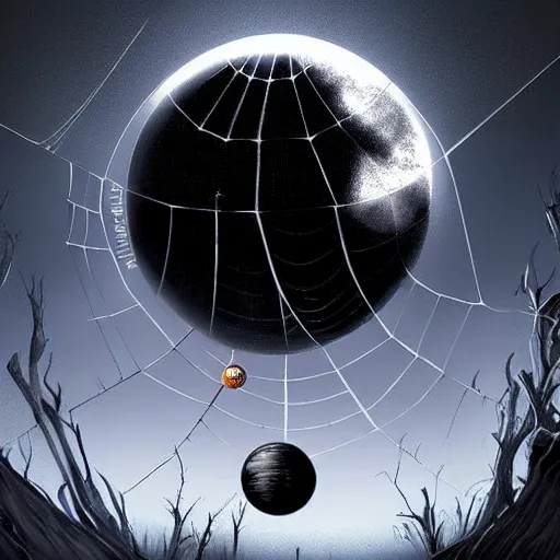 Image similar to a large evil spider spins a web between 2 planets dark fantasy, horror, concept art, smooth, sharp focus, illustration