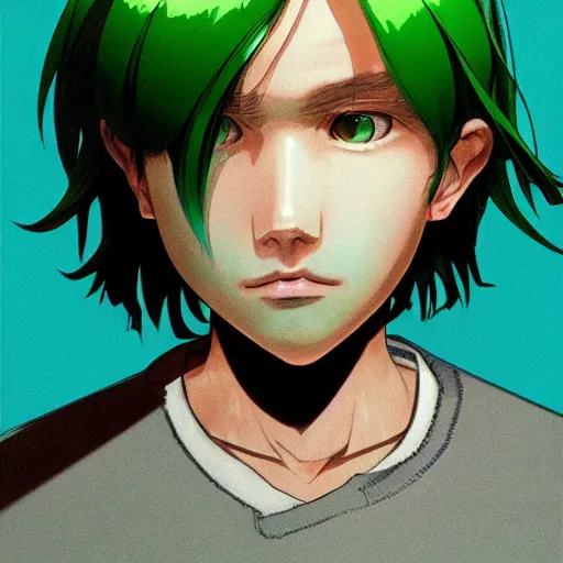Prompt: character portrait of a boy with green long straight hair soft light painted by james jean and katsuhiro otomo and erik jones, inspired by evangeleon anime, smooth face feature, high detail illustration, sharp high detail, manga and anime 1 9 9 9