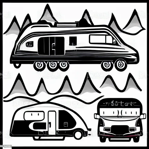 Prompt: stylized vector art featuring a white and black cute thor chateau! motorhome camper!!, highway, mountains and sunset!!, very happy, professional colorful minimal vector art