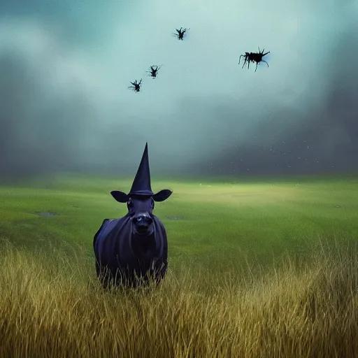 Prompt: a detailed matte painting of a cow standing in a grassy field wearing a witch hat, cow wearing hat!!!! viewed in profile, glowing flying insects and fog in the background, black and blue color scheme with gold highlights, in the style of discworld and harry potter, 8 k