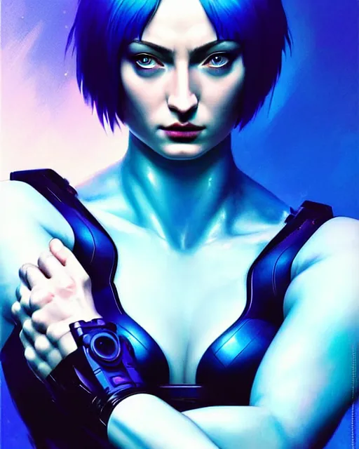 Prompt: electric blue short haired cyborg muscular sophie turner in ghost in the shell poster, sensual pose, artgerm, jeremy lipkin, fine detail!!