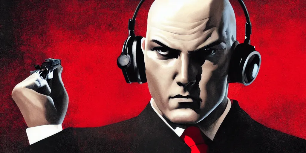 Image similar to a portrait of agent 4 7 from hitman wearing large headphones while pointing a silenced silver handgun, dark background, red rim light, smooth, sharp focus, art by irina french