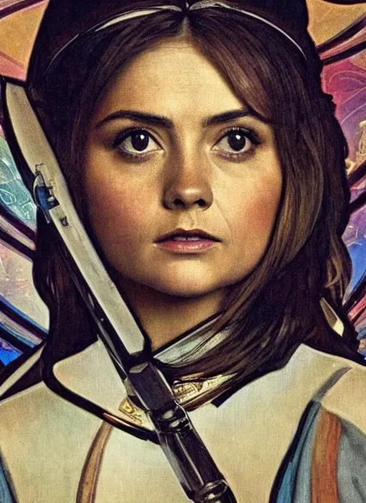 Image similar to jenna coleman as a star trek captain, a still from star trek painted by alphonse mucha. clear highly detailed face, beautiful sci fi art