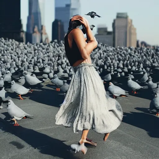 Prompt: “a woman wearing a dress that is turning into a flock of pigeons, standing on the roof of an urban building in NYC, fashion photography, photorealistic, bloom lighting”