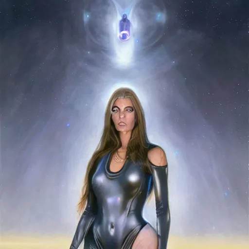 Image similar to pleiadian woman with big eyes and long silver hair wearing a dark body suit and holding a plasma gun as a realistic sci fi character, portrait art by donato giancola and greg rutkowski, digital art, trending on artstation, standing in a barren field