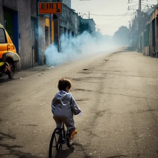 Image similar to a photo of a boy wearing a hazmat suit, riding a bike, side-view, smoke in the background, filthy streets, broken cars. Vines growing. Jpeg artifacts. Full-color photo. Color color color color color. Award-winning photo. Samyang/Rokinon Xeen 50mm T1.5