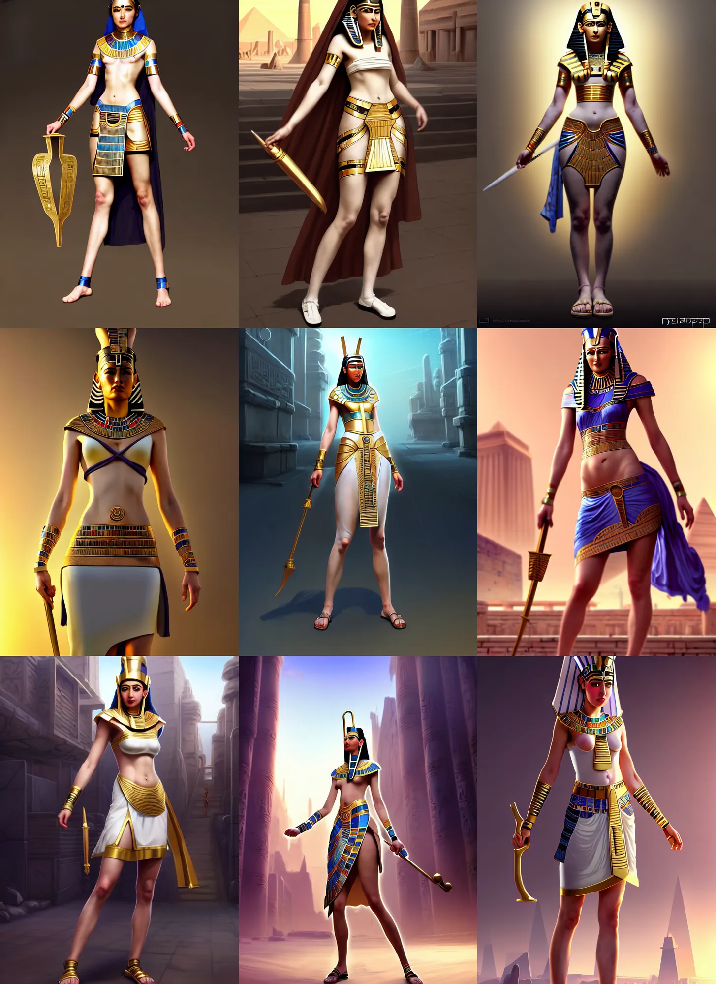Prompt: costume design from ancient egyptian designers, sophisticated composition, old masters light composition, procedurally generated, epic maid girl character posing for concept art, futuristic city streets behind her, substance designer, PBR, HD, Ultra detailed, hyperrealistic, megascans, volumetric light, concept by master artist, made in paint tool SAI2, trending pixiv face