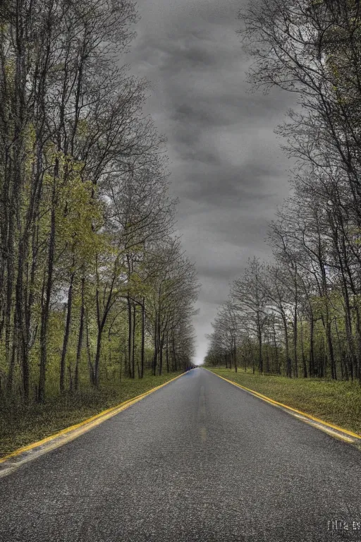 Image similar to walking down a single lane highway in a dream, tonemapped, photorealistic