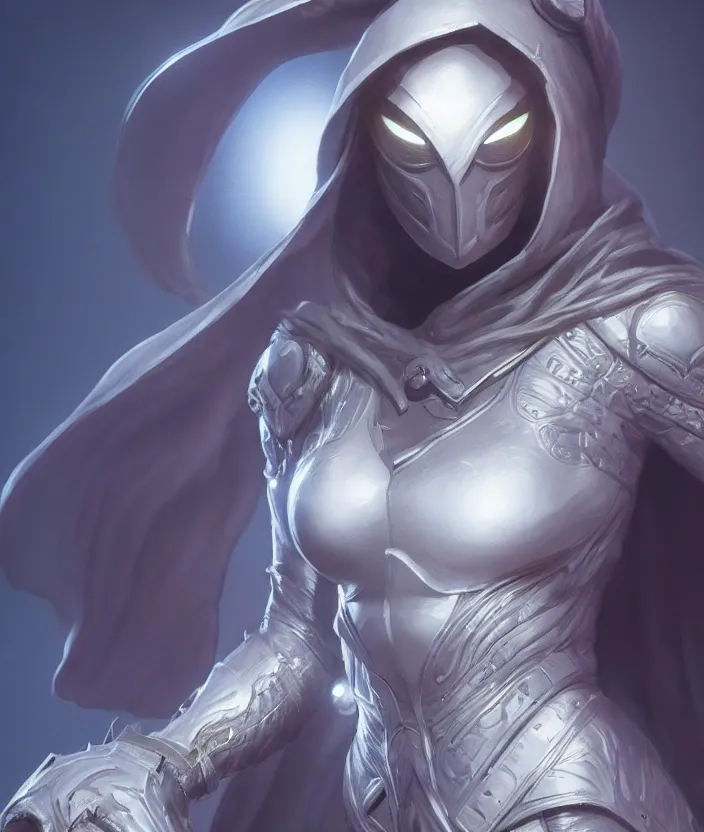 Image similar to female moon knight, hyper detailed, digital art, trending in artstation, cinematic lighting, studio quality, smooth render, unreal engine 5 rendered, octane rendered, art style by klimt and nixeu and ian sprigger and wlop and krenz cushart