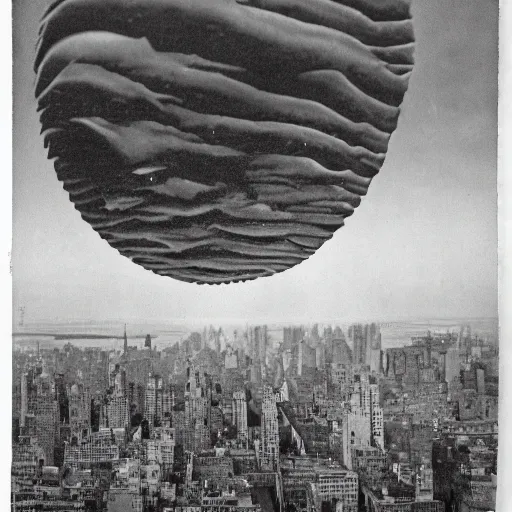 Image similar to colossal pickles flying over new york city, firing projectiles down upon the city