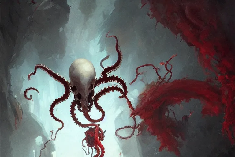 Image similar to painting by greg rutkowski of a flying chalk white head and face, with tentacles coming of the neck, red eyes, flying in a terrying hell like cavernous place