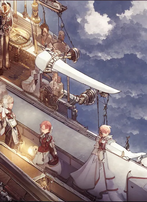 Image similar to character portrait of the white herald on the deck of an imperial airship in the sky, hidari, color page, tankoban, 4K, tone mapping, Akihiko Yoshida.