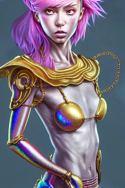 Prompt: hyperdetailed portrait of a stunningly beautiful european girl androgynous guard made of iridescent metals shiny pink gems, bright nimbus, thin golden necklace, inspired by ross tran and wlop and masamune shirow and kuvshinov, concept art, intricate, photorealistic, octane render, rtx, hdr, unreal engine, dnd digital art by artgerm