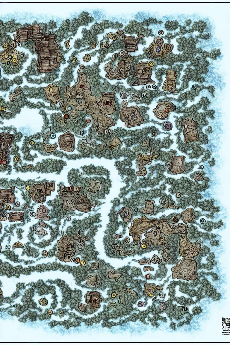 Image similar to top down map of rpg frozen region with a abandoned mine drawn by j. r. r. tolkien