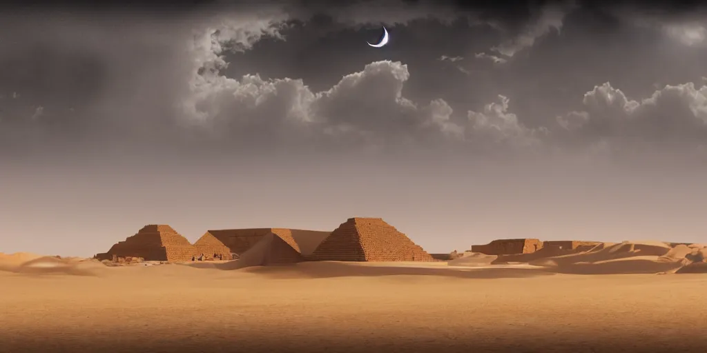 Image similar to a wide desertic matte painting landscape with ancient egyptian temple buried in the sun. big sand dunes. under a white sky with black stars. a monstrous sphynx between the dunes on the horizon. eerie lighting. photorealistic. artstation. hd.