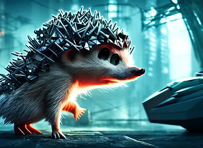 Image similar to portrait of a cyborg hedgehog, on the background of a weird magical mechanical forest. Very detailed 8k. Fantasy cyberpunk horror. Sharp. Cinematic post-processing. Unreal engine. Nanite. Ray tracing. Parallax. Tessellation