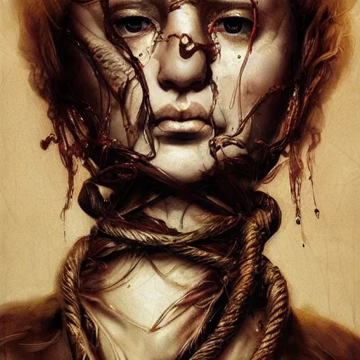 Image similar to portrait of a Shibari rope wrapped face and neck, headshot, insanely nice professional hair style, dramatic hair color, digital painting, of a old 18th century, Royal Emperor, amber jewels, baroque, ornate clothing, scifi, realistic, hyperdetailed, chiaroscuro, concept art, art by Franz Hals and Jon Foster and Ayami Kojima and Amano and Karol Bak,